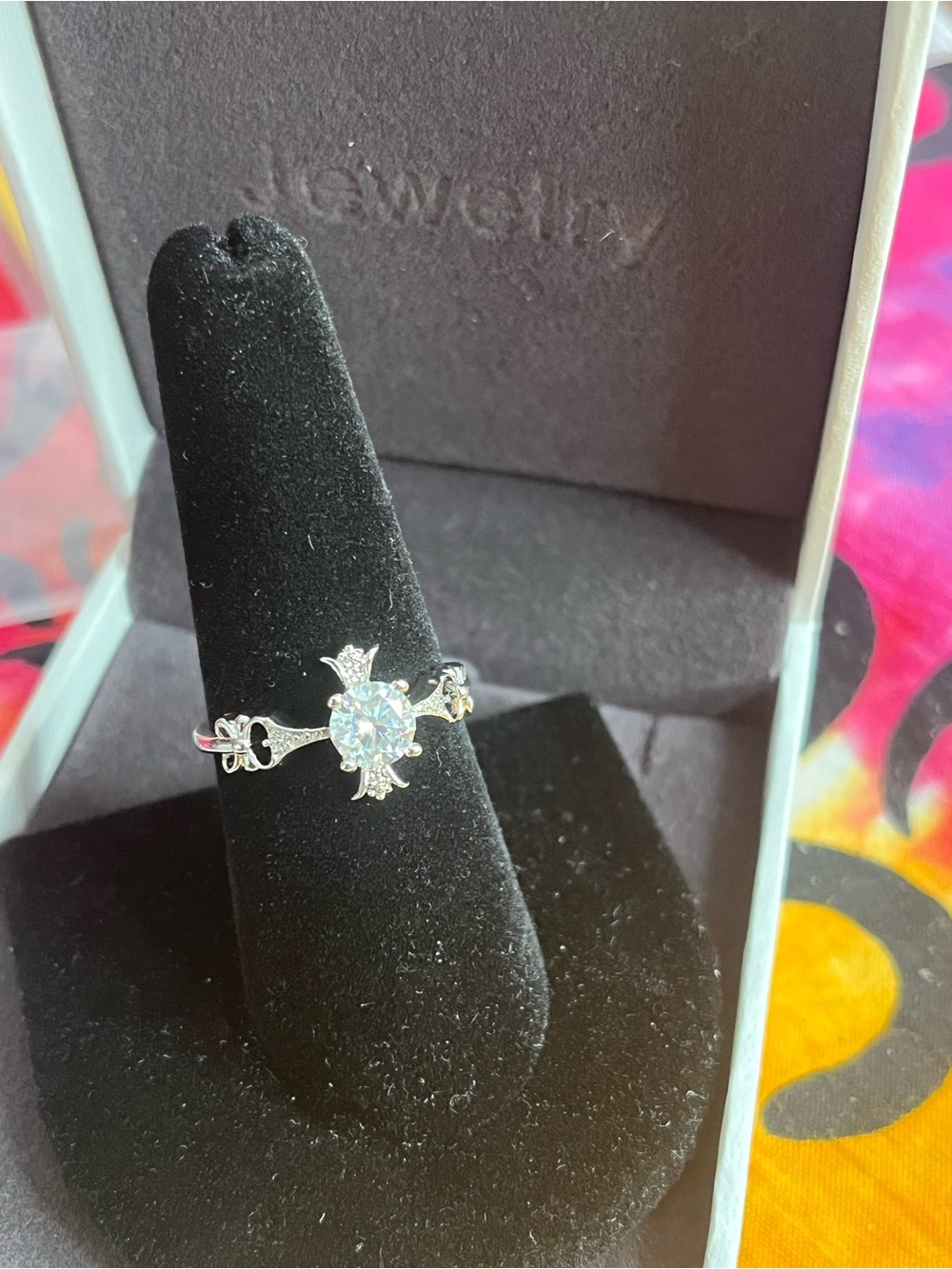 Rhodium Plated 0.80 CTW Moissanite Cross Ring Size 8 NWT